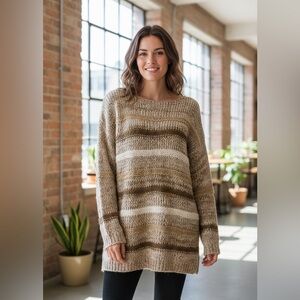 Saints and Hearts Crocheted Cozy Striped Tunic Sweater - Brown and Cream